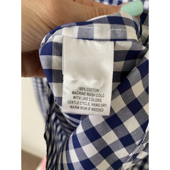 UNTUCKit Gingham Plaid Long Sleeve Button Down Shirt Navy Blue White Size 2 - Picture 9 of 11